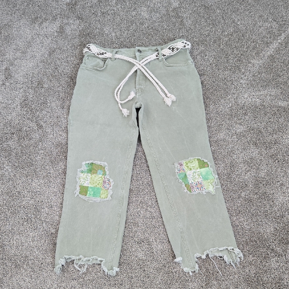 Women's Green Jean Ankle Length Pants Size 29 We The Free Brand With Belt